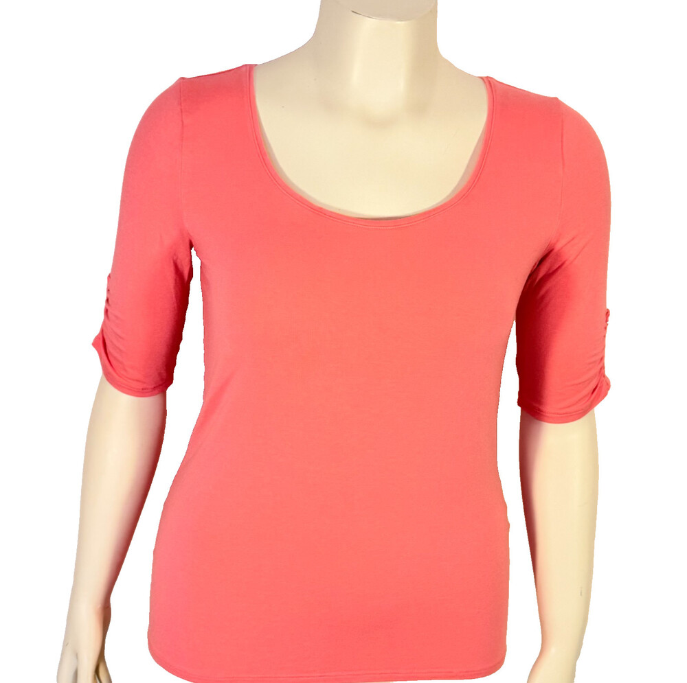 WHBM Knit Top Tee Shirt Women's XL Pink Short Ruched Studded Sleeves Scoop Neck